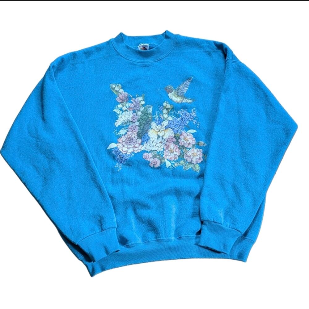Vintage Fruit Of The Loom USA Made Grandma Hummingbird Floral Pullover Sweater